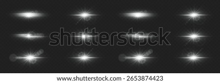Set of white light effects, star and light flash. On a transparent background.