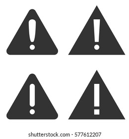 Set of white light exclamation marks alert notification error mistake popup icons in dark grey gray triangles flat design minimalistic vector illustration on white background