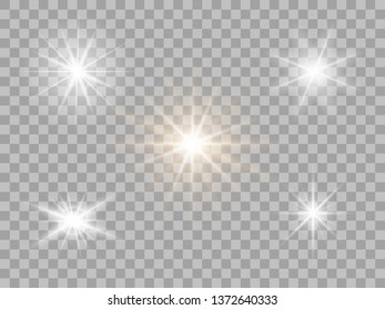 Set white light, flash. Bright star. Shimmering brilliance. Vector design elements isolated on a transparent Light background.