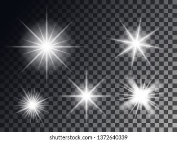 Set white light, flash. Bright star. Shimmering brilliance. Vector design elements on isolated transparent dark background.