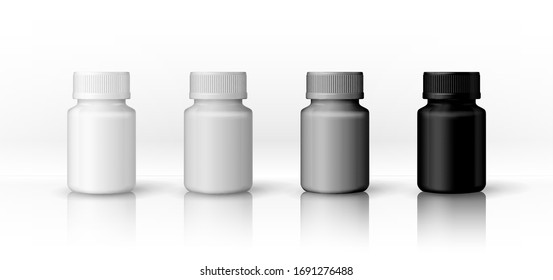 A set of white, light gray, gray and black plastic bottles for any products and tools. Items isolated on a white background. Object, shadow and reflection on separate layers. Vector.
