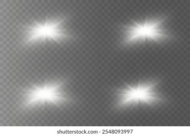 Conjunto de luces blancas y destellos. Explosión de estrella y luz.