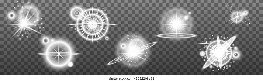 Set of white light lens effects on transparent background. Vector sunlight 