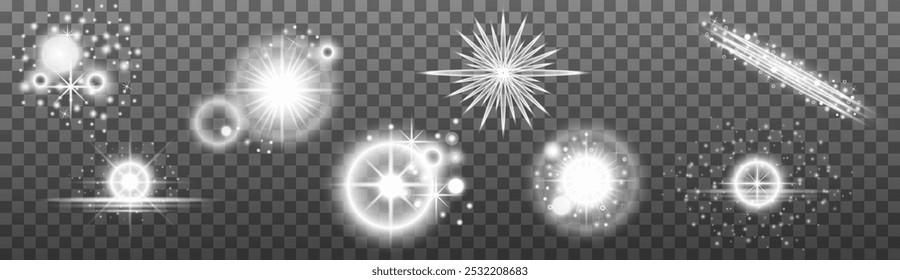 Conjunto de efectos de lente de luz blanca sobre fondo transparente. Vector de luz solar 