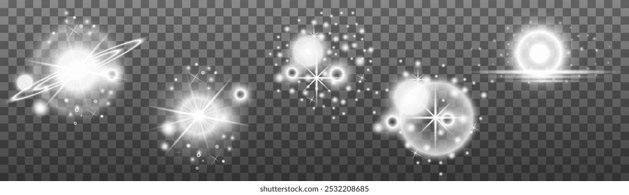 Conjunto de efeitos de lentes de luz branca sobre fundo transparente. Luz solar vetorial 