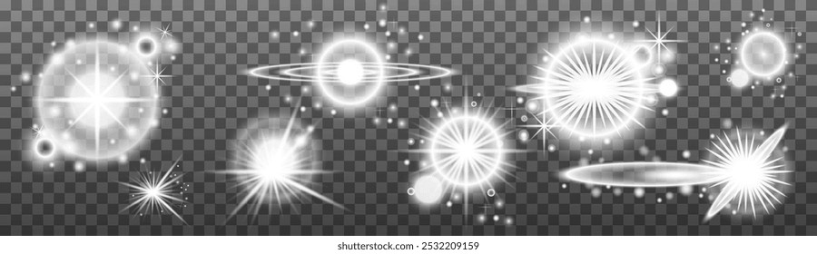 Set of white light lens effects on transparent background. Vector sunlight 