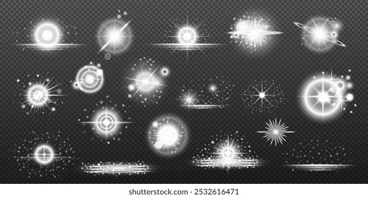 Set of white light lens effects on background. Vector sunlight