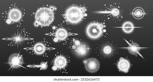 Set of white light lens effects on background. Vector sunlight