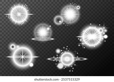 Set of white light lens effects on background. Vector sunlight