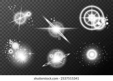 Set of white light lens effects on background. Vector sunlight