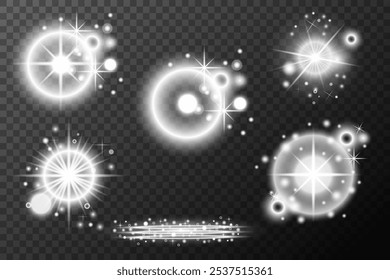 Set of white light lens effects on background. Vector sunlight