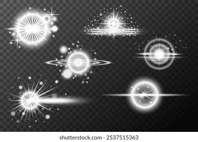 Set of white light lens effects on background. Vector sunlight