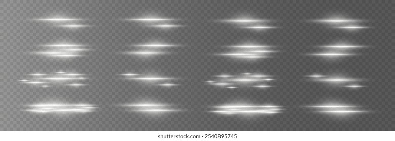 A set of white light lines and effects, dynamic flashes of horizontal rays. On a transparent background.