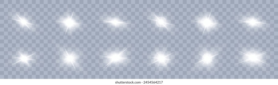 A set of white light on a transparent background sparkles with a shiny magic star. Glittering star, vector glowing star light effect.