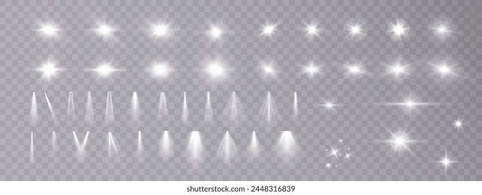 Set of white light spotlights, flashes of light on a transparent background. Vector glowing light effect.	