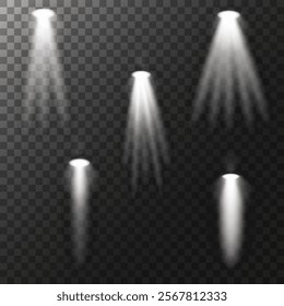 Set of white light spotlights, flashes of light on a transparent background, stage spotlights set