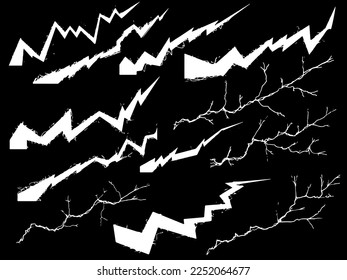 Set with white lightning strikes on a black background. Cartoon energy concept in vector format. Sketch with lightning.