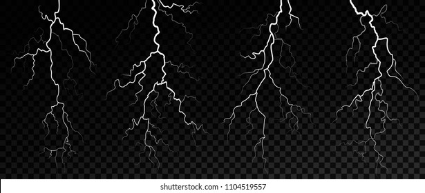 Set of white lightnings on a transparent background. Vector illustration thunderstorms