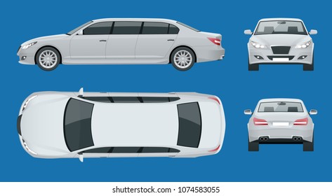 Set of white limousines isolated on white. Template limousine icon vector. Premium people transportation. Viev , front, rear, side.