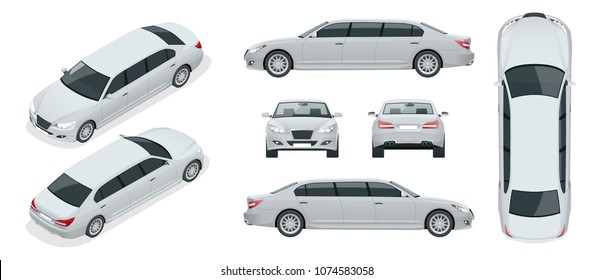 Set of white limousines isolated on white. Template limousine icon vector. Premium people transportation. Viev isometric, front, rear, top, side.