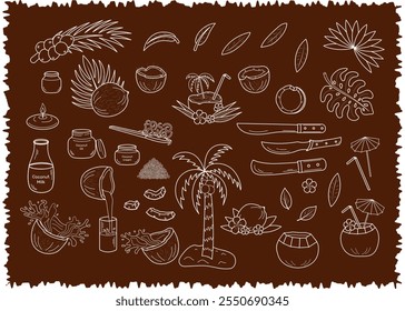 Set white line coconuts vector illustrations. Icon Coconut production. Half coconut, slice, palm leaves, machete, coconut oil, milk, cream, flakes.