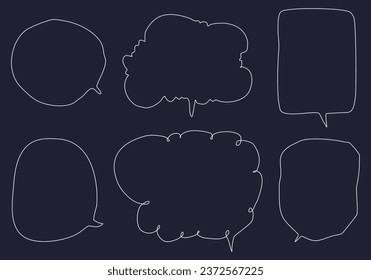 Establece las burbujas de palabras de la línea blanca en el fondo negro. caja de chat o chat vector cuadrado y doodle mensaje o icono de comunicación Nube hablando por historietas y diálogo de mensajes mínimo