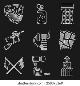 Conjunto de iconos vectoriales de línea blanca para paintball. Iconos planos blancos colección vectorial de equipos de bolas de pintura y accesorios en fondo negro. 