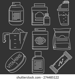 Set of white line vector icons with elements of sports nutrition on black background