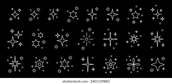 Set with white linear glitter, stars and sequins. Doodle composition with glitter isolated on black background.