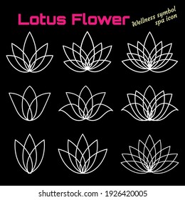 Set of white linear lotus icon on black background. Dlossom flower logos.collection. Vector floral isolated symbol for yoga center, spa, beauty salon