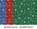 Set of white lineart christmas pattern in blue, red, and green background. Vector illustration christmas seamless pattern for background, wallpaper, wrapping and textile.