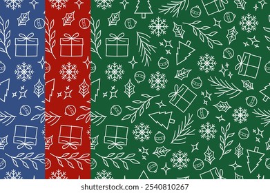 Conjunto de padrão de natal lineart branco em azul, vermelho e verde. Ilustração de vetor de Natal padrão sem emenda para fundo, papel de parede, envoltório e têxtil.