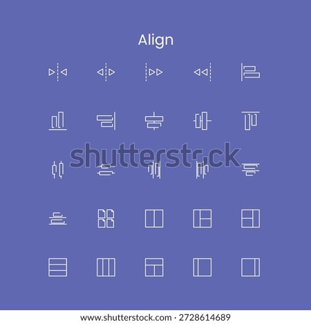 A set of white line-art icons demonstrating various alignment, justification, and layout options for text and objects, on a purple background.