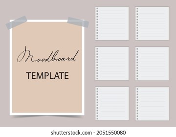 Set of white lined paper notes. Vertical poster on sticky tape. Mockup for presentation. 7 empty papers. Vector 3d realistic. Mood board Blank template on beige background. EPS10.