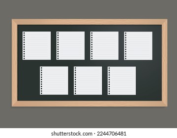 Set of white lined paper notes on black school chalkboard. 7 square empty papers with round holes on blackboard. EPS10.