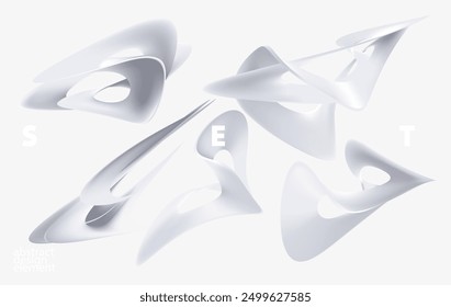 Satz von weißen flüssigen 3D-Formen. Abstrakte dynamische Linien von Spiralbändern. Sammlung von Gestaltungselementen.
