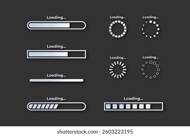 set of white loading bar or process icons made in papercut style with shadows and highlights