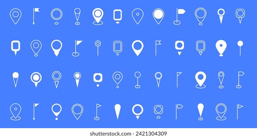 Stellen Sie das Symbol für den weißen Standort-Pin ein. Pin-Platzierungsmarker. Zielsymbol, Ortssymbol. Modern Map Marker Logo Symbol Set. GPS-Pin-Symbolsammlung. Flacher Stil. Vektorgrafik.