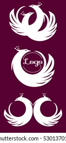 Set white logo on burgundy background. Transformed bird, two birds in love. Gentle logo perfect for weddings, Valentine. Logo bird.