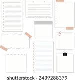 Set of White Loose Leaf Notebook Paper with Masking and Paper Clip Vector Illustration