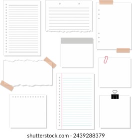 Set of White Loose Leaf Notebook Paper with Masking and Paper Clip Vector Illustration