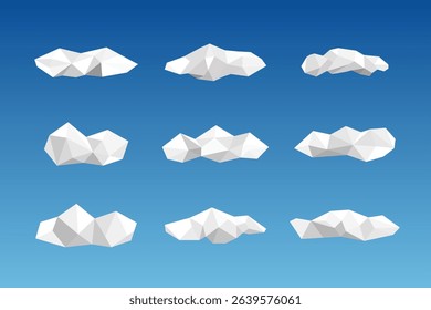 Set of White Low Poly Clouds on Gradient Sky Background – 3D Geometric Cloud Collection