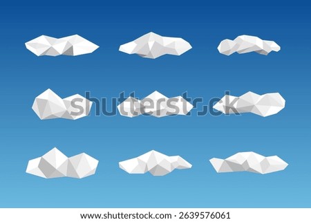 Set of White Low Poly Clouds on Gradient Sky Background – 3D Geometric Cloud Collection