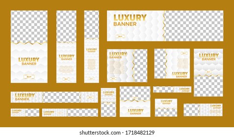 set of white luxury web banners of standard size with a place for photos. Vertical, horizontal and square template. Business ad banner