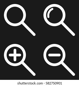 Set of white magnifying glass zoom in and out plus minus inspect details search look for buttons icons on dark grey gray black background trendy isolated minimalistic flat design vector illustration