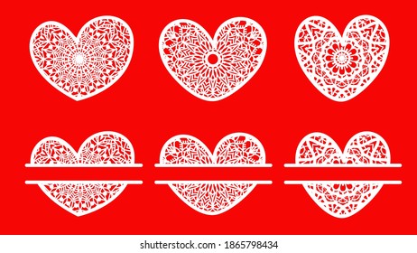 A set with white mandala hearts. Pack of isolated objects and frames. Valentines day and wedding