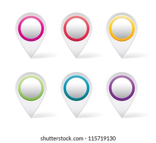 Set of white map markers with colorful details