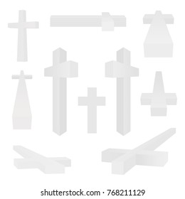 Set of white marble christian crosses in different positions and views on a white background 