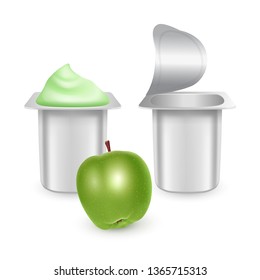 Set of White matte plastic pots for yogurt, cream, dessert or jam. Photorealistic packaging mockup template. yogurt cream with fresh, green apples isolated on white background, Vector EPS 10