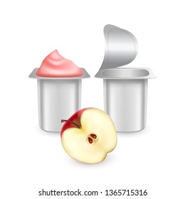 Set of White matte plastic pots for yogurt, cream, dessert or jam. Photorealistic packaging mockup template. yogurt cream with fresh apples isolated on white background, Vector EPS 10